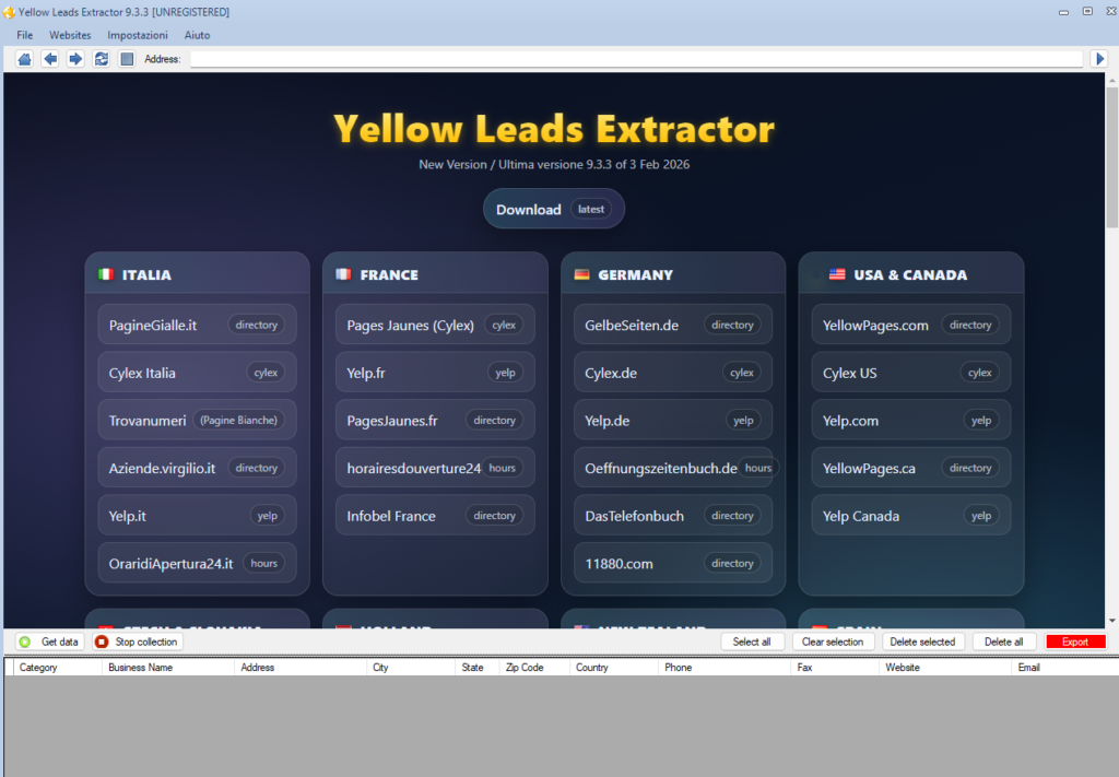 Hauptbildschirm von Yellow Leads Extractor